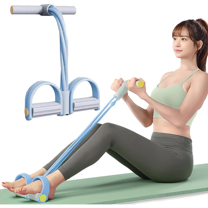 Banda elastica de exercitii cu pedale, 6 tuburi, multifunctionala, portabila, pentru intindere si tonifiere, culoare albastra
