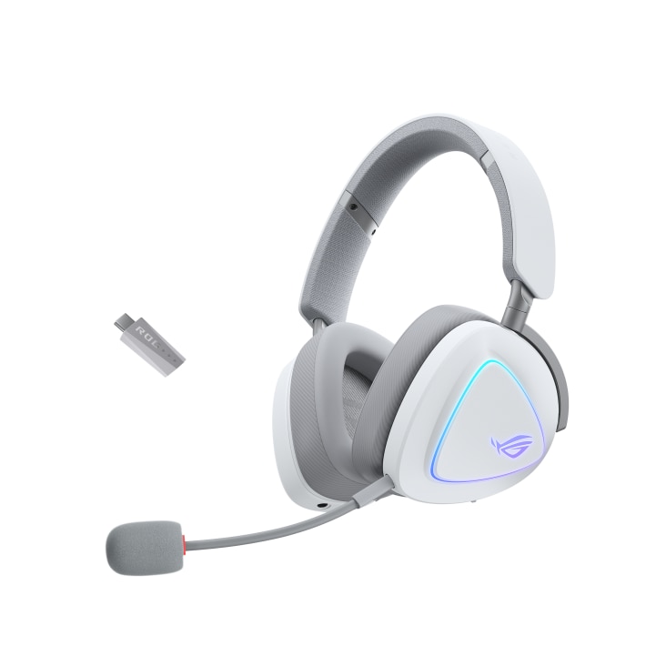 Casti Gaming Wireless ASUS ROG DELTA II, Jack 3.5mm, BT si Wi-Fi 2.4 GHz prin ROG SpeedNova, Dual-Flow Audio, Autonomie 100 ore, Iluminare RGB, 318 gr., Alb