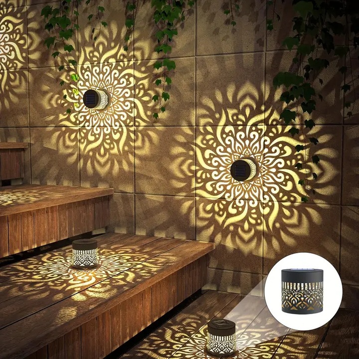 Set de 2 lampi solare pentru perete, design mandala, floare, metal, decor exterior, gradina, curte