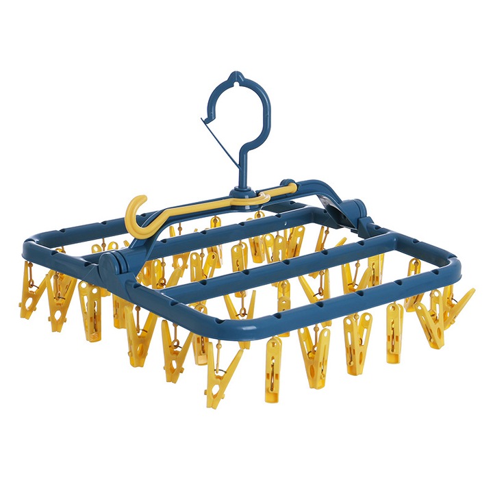 Uscator rufe pliabil cu 32 clipsuri, carlige rezistente la vant, pentru sosete si sutiene, galben