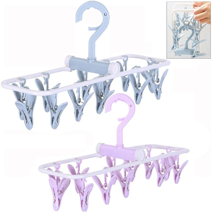 Set 2 Uscatoare pliabile cu clipsuri, 12 clipsuri, culori albastru si mov, pentru uscarea hainelor