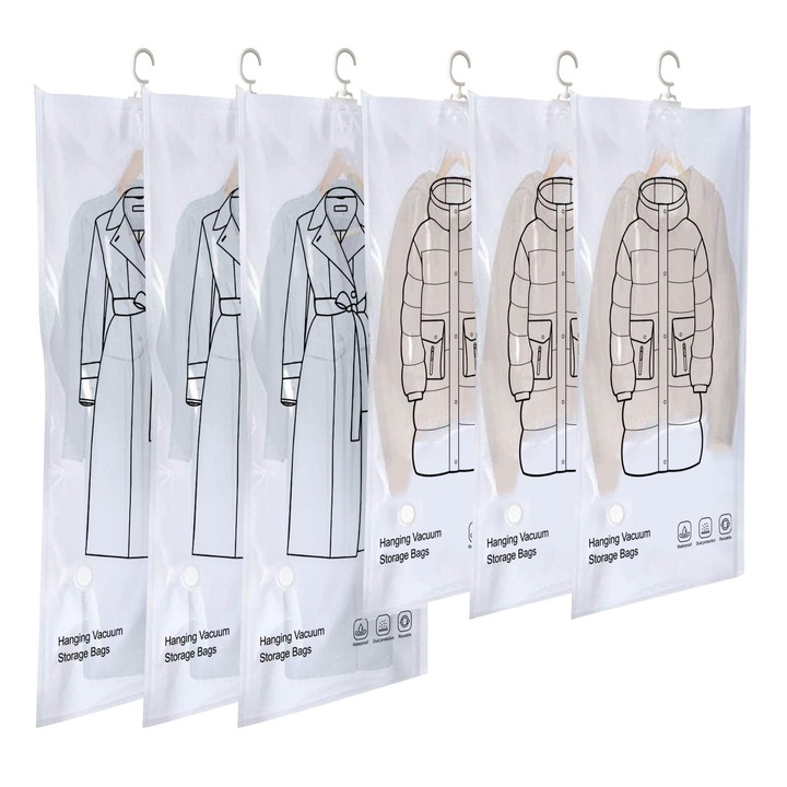 Set 6 saci vidare haine MWAOWM, 3 lungi 130x70cm, 3 medii 110x70cm, transparent, agatatori