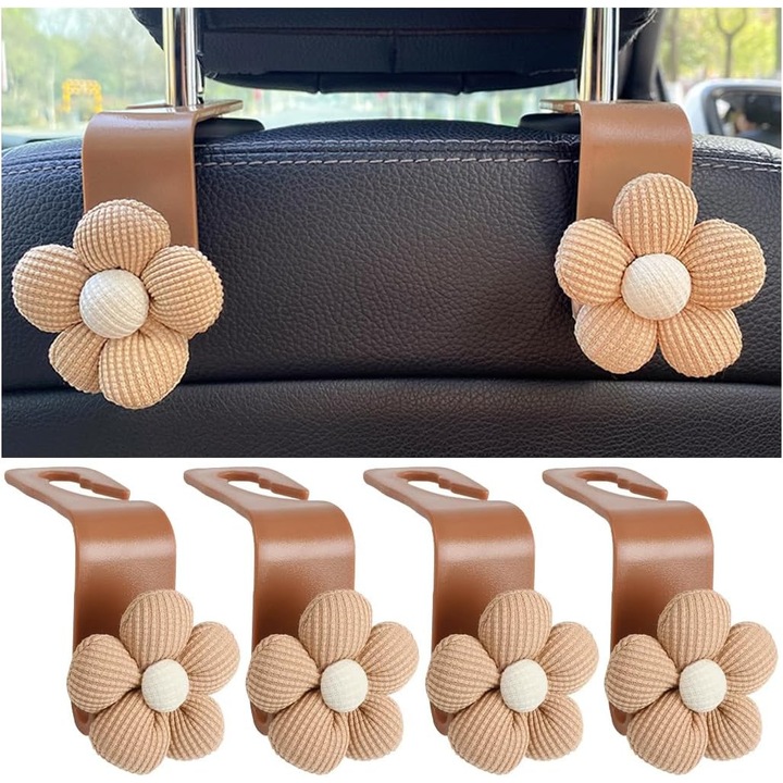 Set 4 suporturi auto pentru cap, design floral, bej/alb, pentru genti si portofele, universal pentru SUV-uri, sedan, camioane