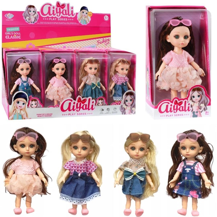 Set de papusi "Aiyali" Fashion Girl, 4 modele, culori pastel, 19x10x6 cm