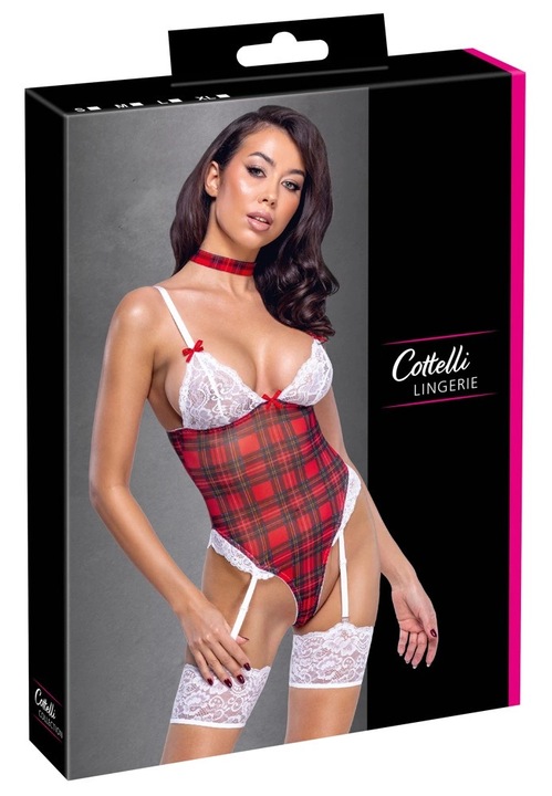 Set lenjerie sexy, Cottelli, body cu jartiere si choker, carouri alb-rosu, material elastic, S INTL
