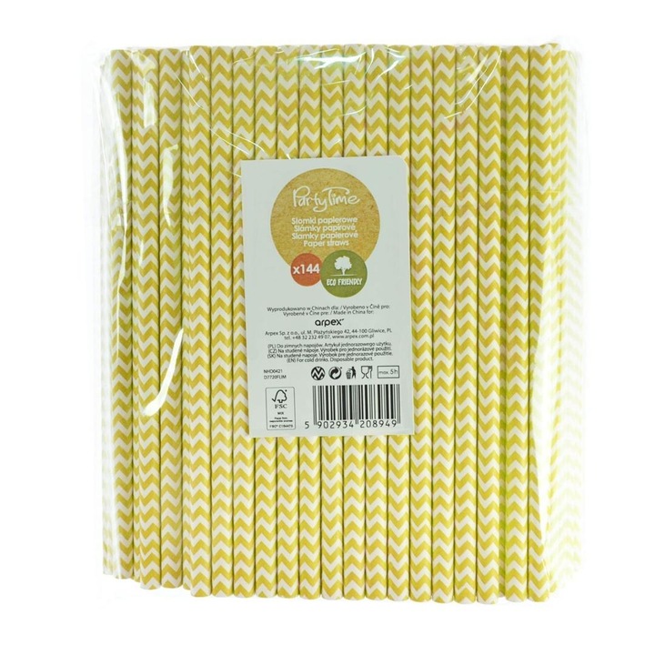 Papír koktél szívószál, ARPEX, 8mm, sárga, 20cm, 144 darabos szett