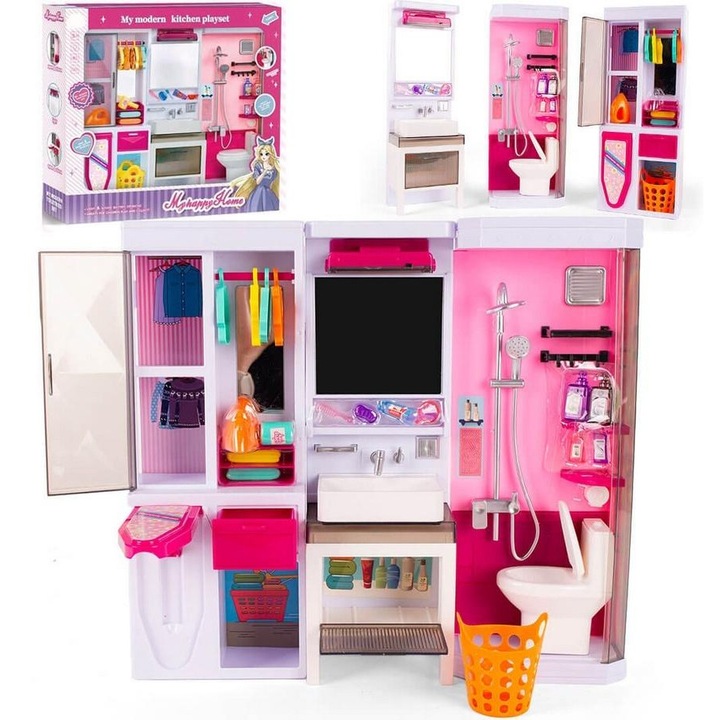 Set mobilier baie pentru casuta de papusi, Lena, prajitor, toaleta, chiuveta, 36x32x7cm, multicolor