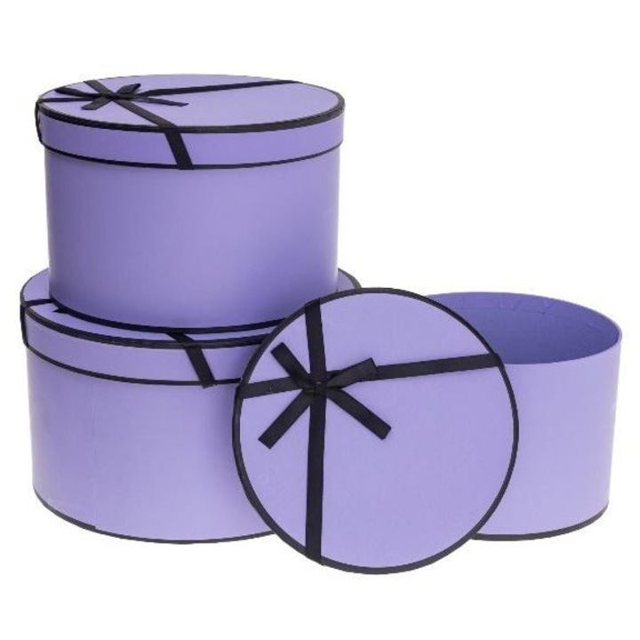 Set 3 cutii florale cu funda purpurii ROZETTE, 18x18x17cm, 15x15x14.5cm, 13x13x12cm