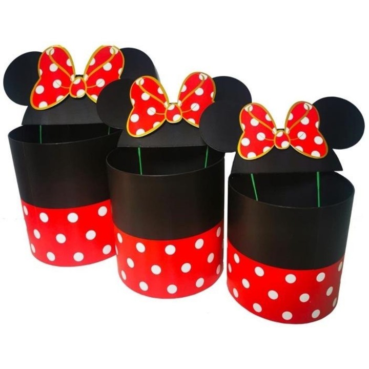 Set 3 cutii florale Micky rosii, 19x19cm, 17x17cm, 15x14,5cm