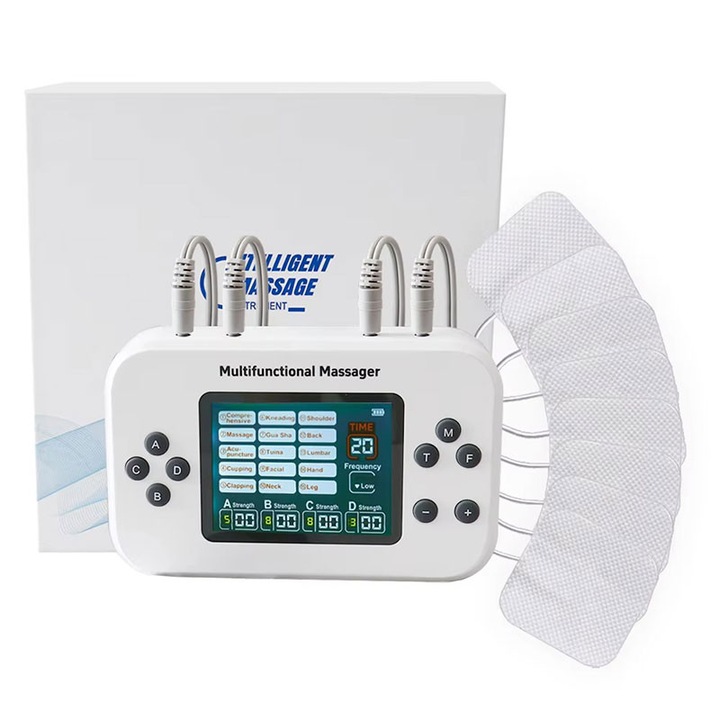 Elektromos masszázskészülék, Garsonal®, 15 üzemmód, 30 szint, 4 egyedi csatorna, 8 elektróda testre és arcra, 2000 mAh, 41.2x18x9 cm, fehér