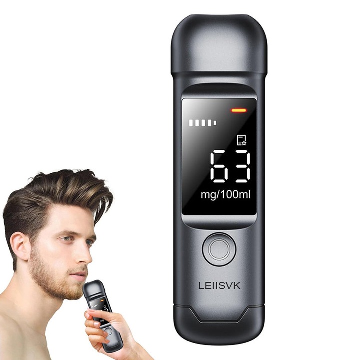 Професионален Етилотест, Дигитален Алкохолен Тестер Безконтактен, измерване 0.00-0.3 mg/L, Автоматично Калибриране, Запаметяване на Резултати, LCD Дисплей, Удължена Автономност, LEIISVK, Черен