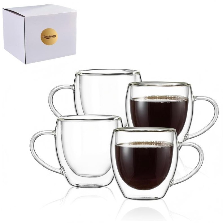 Pachet 4 pahare din sticla fierbinte borosilicat cu maner, Omelivon®, ceasca de cafea, ceasca de apa,250ml, transparent