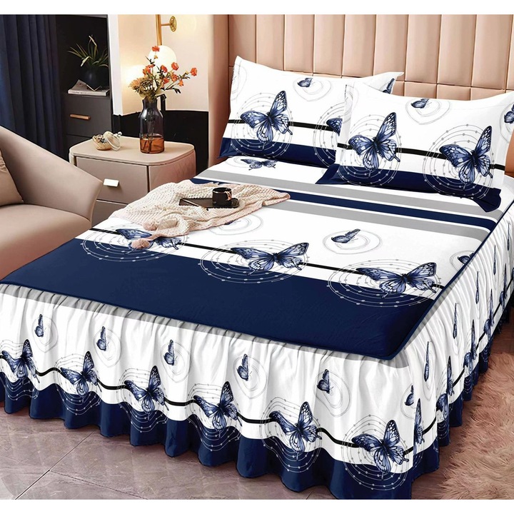 Set Lenjerie de Pat din Bumbac tip Finet, cu Volanase, 3 Piese, pentu Pat Dublu, cu 2 Fete de Perna Incluse