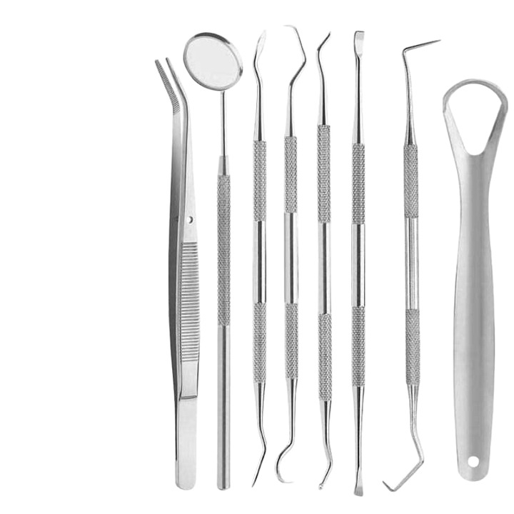 Set profesional de 8 instrumente dentare din otel inoxidabil medical pentru igiena orala, KuviKoo™ curatare profunda tartru si placa, cu manere antiderapante, oglinda anticoroziva si cutie metalica pentru depozitare si transport