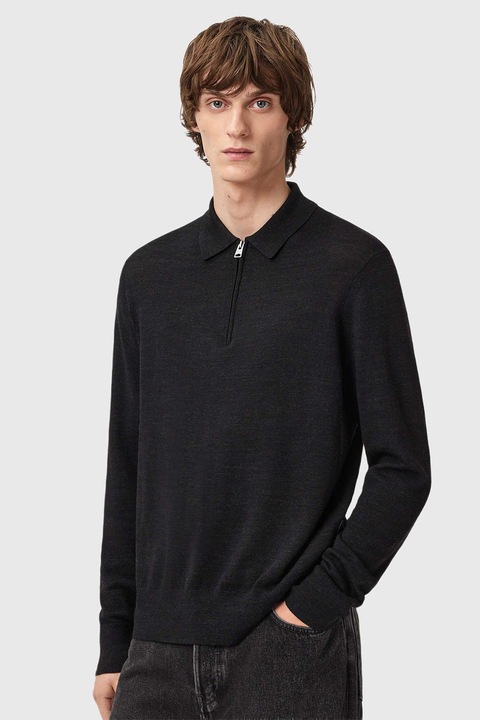 AllSaints, Finomkötött merinógyapjú pulóver cipzáros nyakkivágással, Melange fekete