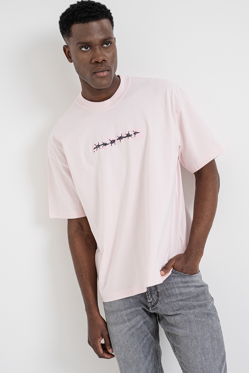 AllSaints, Tricou lejer de bumbac Deterent, Negru, Roz pastel, M