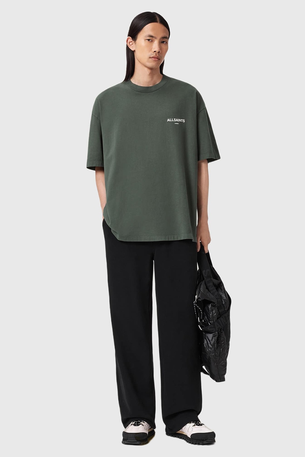 AllSaints, Tricou supradimensionat cu logo Halcyon, Alb, Verde, M