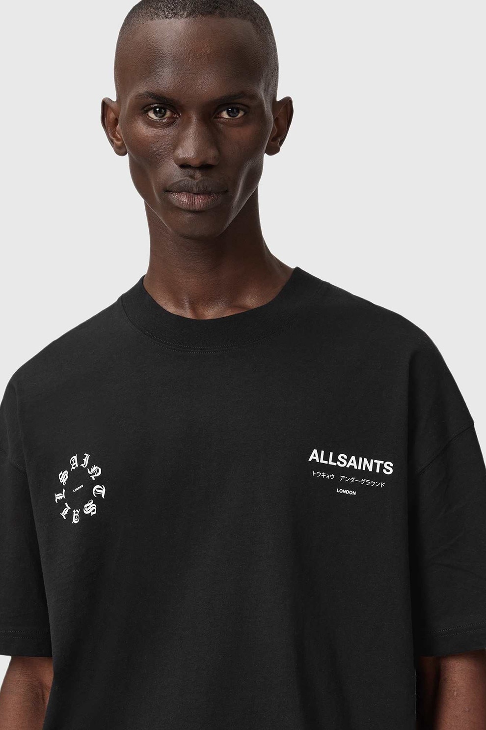 AllSaints, Tricou de bumbac cu logo si maneci cazute, Alb, Negru stins, L