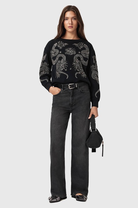 AllSaints, Bluza de trening cu aplicatie cu margele Cecile, Negru/Argintiu