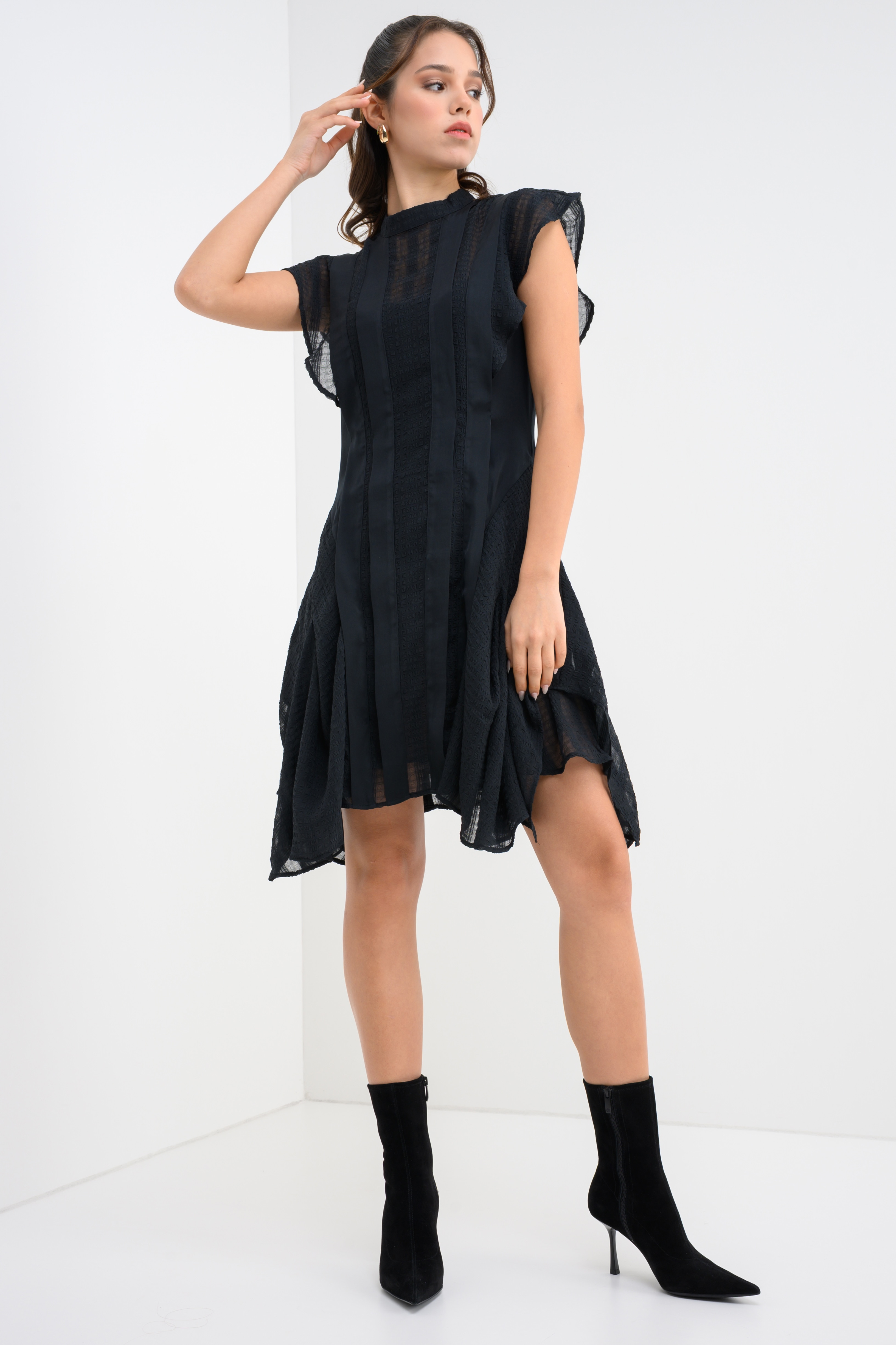 AllSaints, Rochie asimetrica texturata cu volane Fleur, Negru, 12