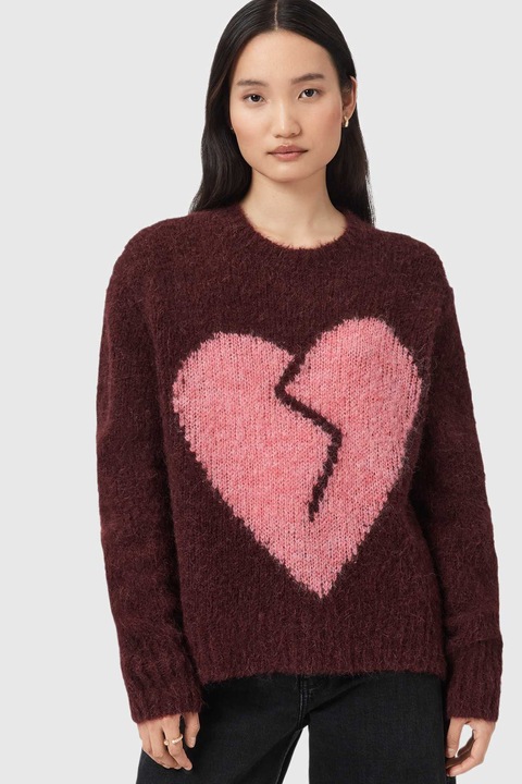 AllSaints, Pulover pufos din amestec de lana cu imprimeu cu inima Luv, Visiniu/Roz