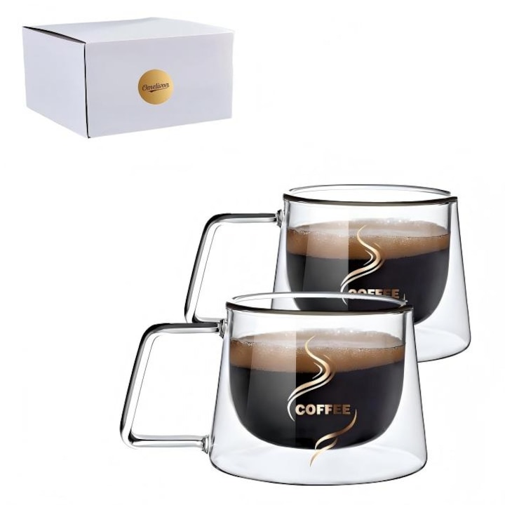 Set 2 Cani de Sticla cu Perete Dublu Omelivon®, model COFFEE, design modern, termorezistente, capacitate 200 ml, 12 x 8 cm
