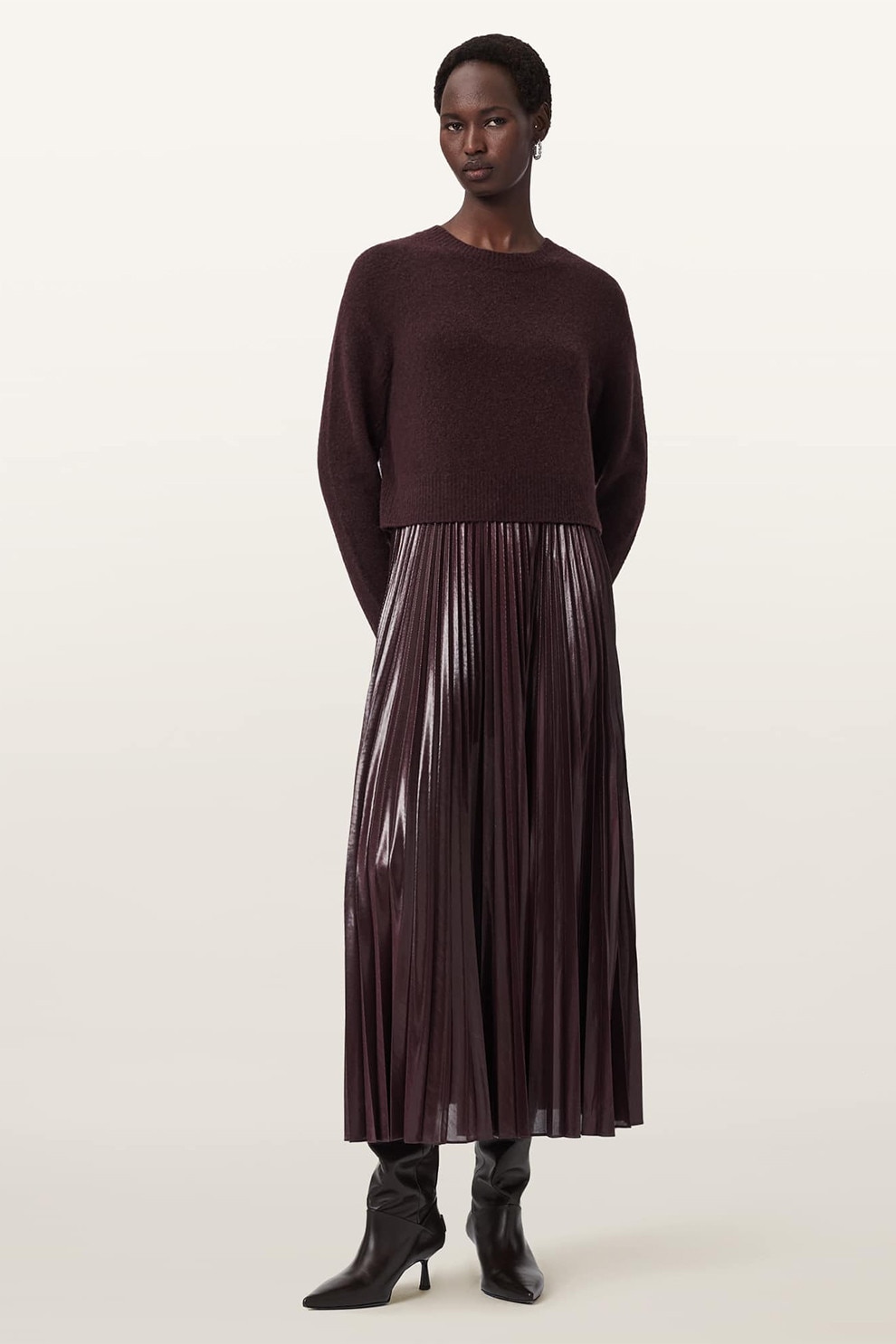 AllSaints, Set de rochie cu aspect plisat si pulover cu decolteu la baza gatului - 2 piese, Violet pruna, S