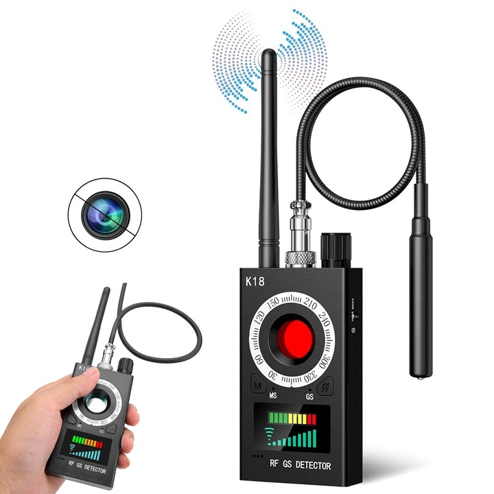 Kémfelszerelés érzékelő, K18, kamerák, mikrofonok, GPS vagy GSM nyomkövetők, kamerák, mikrofonok, 35 óra üzemidő, kémelhárító, 1-8000 MHz frekvencia, fekete