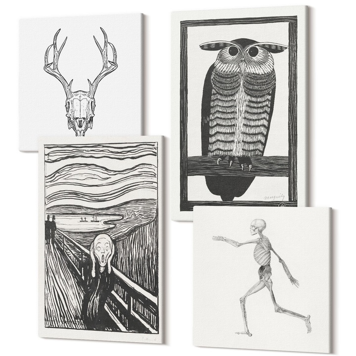 Set tablouri modulare Wallfluent, Inspiratie Scream Skull Owl, 4 piese, 2x40x40cm + 2x40x60cm, modern, decorativ