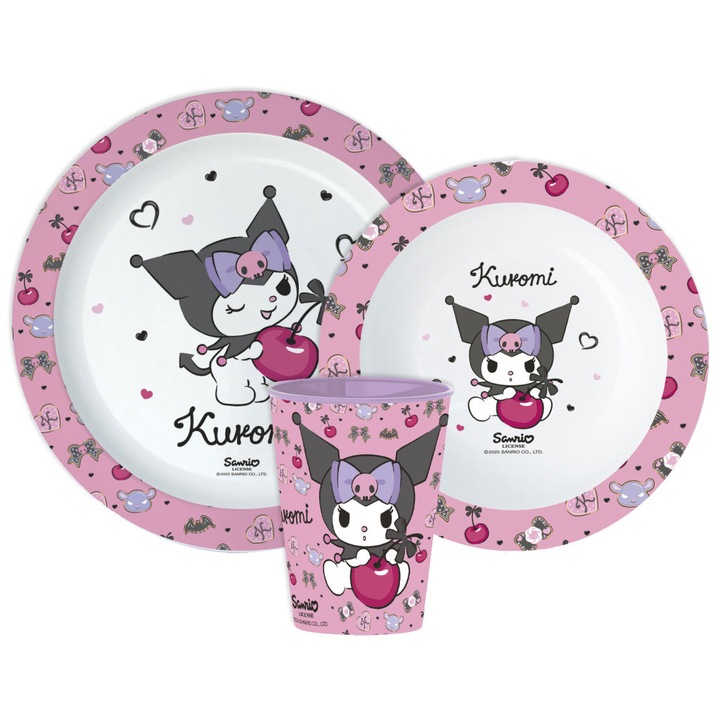Hello Kitty Kuromi étkészlet, micro műanyag szett, pohárral 260 ml