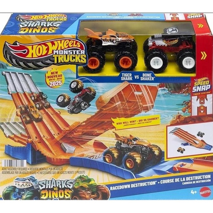 Set de joaca Masinute Hot Wheels Monster Trucks, Mega-Wrex si Tiger Shark, 1:64, multicolor