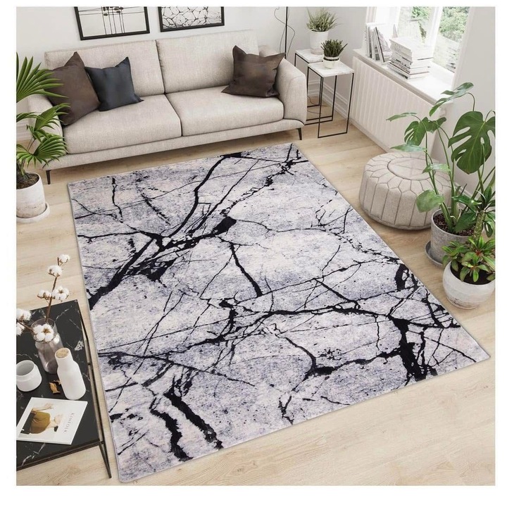 Covor modern Pala Carpet Marble, alb-negru, 200x300 cm, grosime 11 mm, usor de curatat