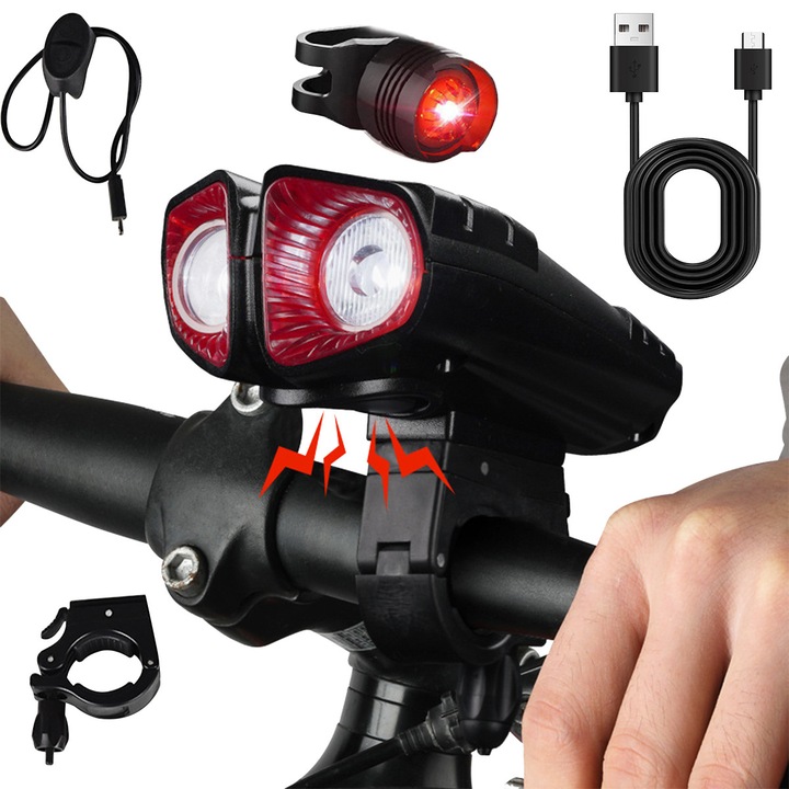 Комплект светлини за велосипед отпред / отзад с велокомпютър, 2 x Cree LED, вграден клаксон, дисплей за скорост, разстояние, 2000mAh батерия, USB зареждане, водоустойчив, 4 режима на осветление, черен