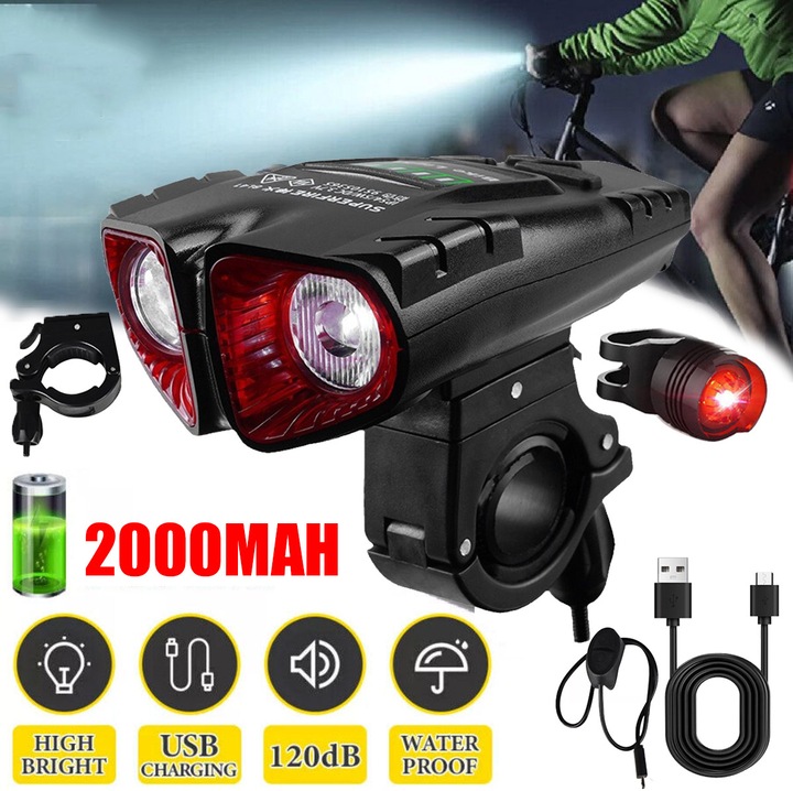 Комплект светлини за велосипед отпред / отзад с велокомпютър, 2 x Cree LED, вграден клаксон, дисплей за скорост, разстояние, 2000mAh батерия, USB зареждане, водоустойчив, 4 режима на осветление, черен