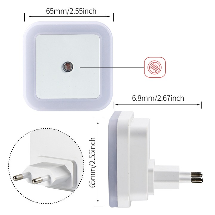 Комплект от 4 LED нощни лампи, SHEFEITE®, Със сензор ден-нощ, 0.5W, бяла светлина, 110-240V, за баня, коридор, спалня, всекидневна, хол, 6.2 x 6.2 x 6см, ABS, Бял