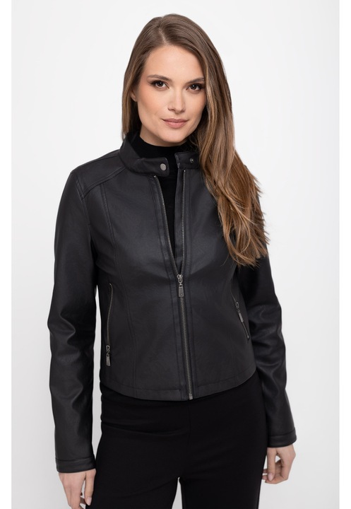 Jacheta dama, piele ecologica, fermoar, guler ridicat cu clapa, Volcano J-Fittya, Negru, L