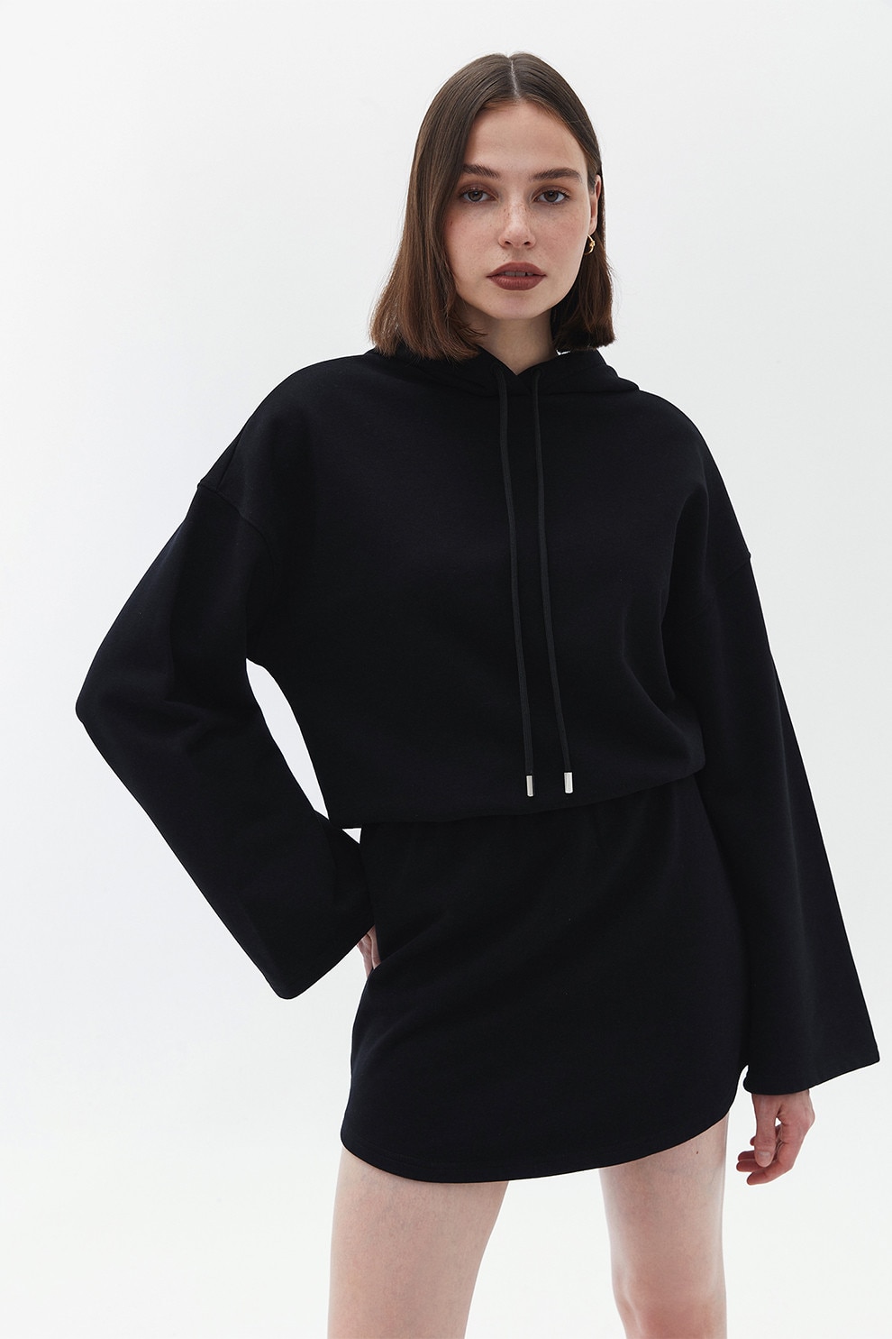 OXXO, Rochie scurta cu maneci evazate si gluga, Negru, S