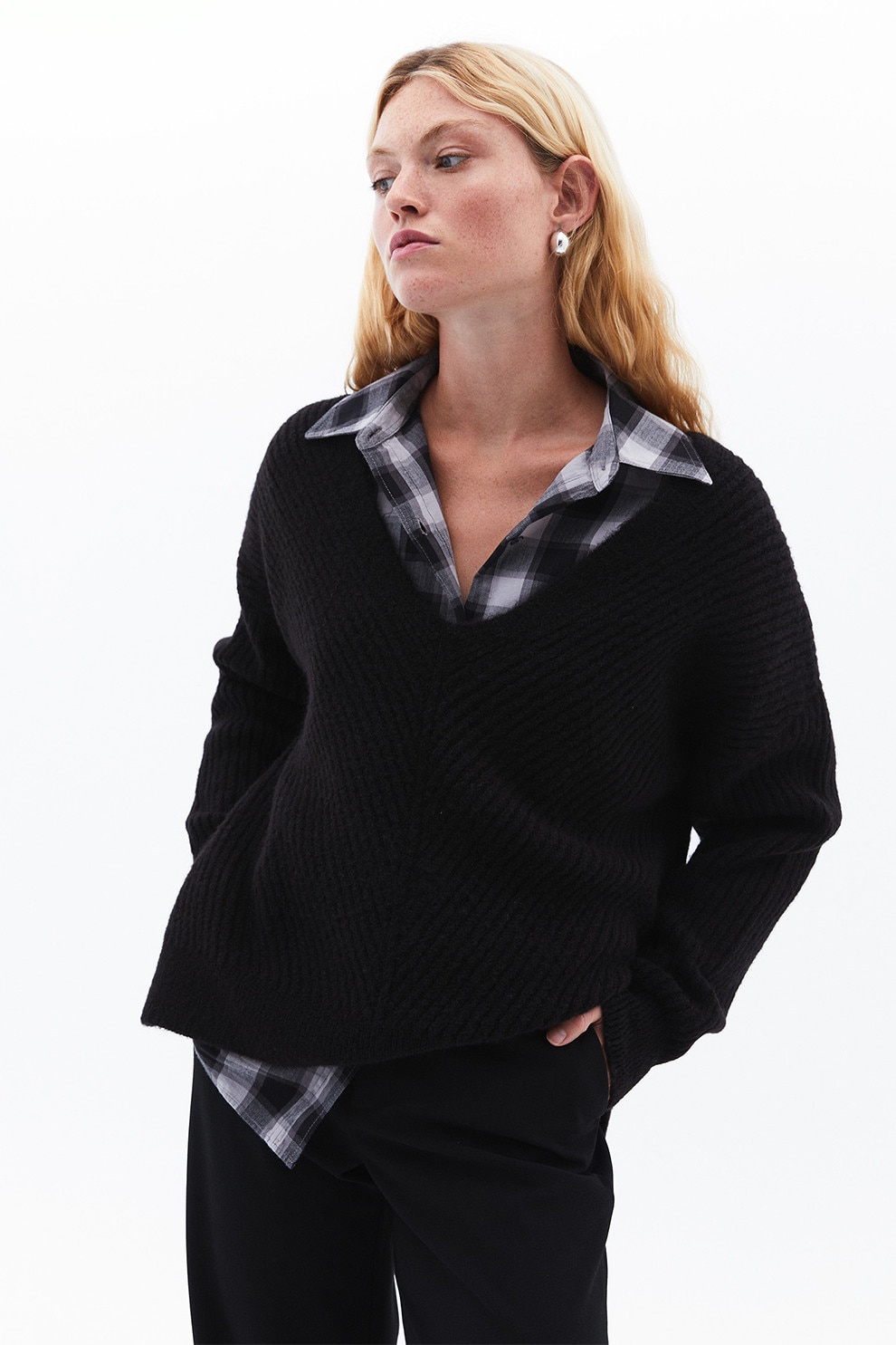 OXXO, Camasa din flanel cu buzunare pe piept, Negru, Gri deschis, S