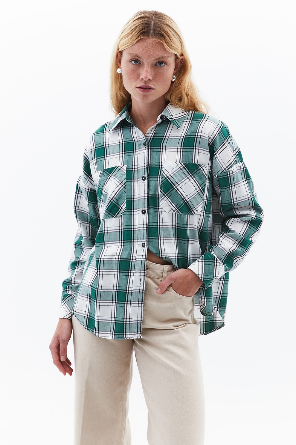 OXXO, Camasa din flanel cu buzunare pe piept, Verde marin, Alb murdar, L
