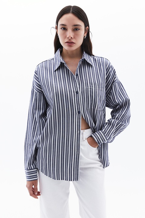OXXO, Camasa lejera in dungi cu buzunar pe piept, Alb/Bleumarin