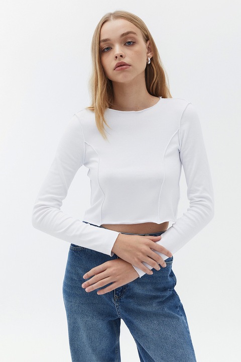 OXXO, Bluza crop cu maneci lungi, Alb optic