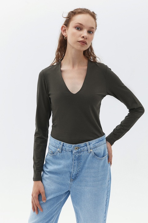 OXXO, Bluza slim fit cu decolteu in U, Kaki inchis