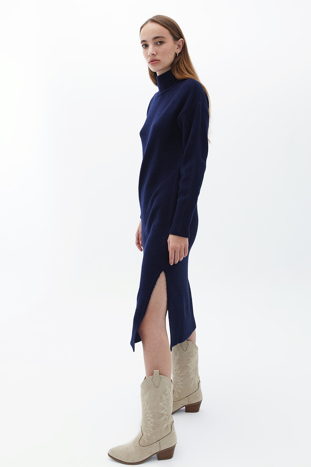 OXXO, Rochie-pulover cu slituri laterale la terminatie, Bleumarin, L