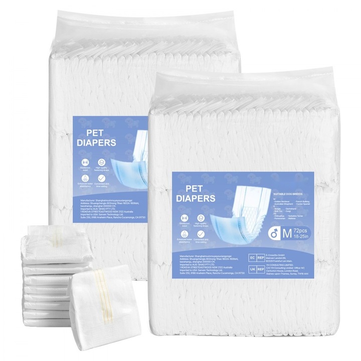 Scutece Unica Folosinta Caini Masculi, Super Absorbante, Invelitoare, 20 x 65 cm, Marimea M, Pachet 144 Buc