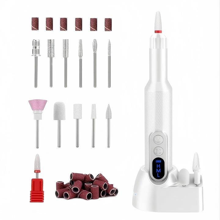 Freza unghii electrica profesionala, 3 viteze de reglare, Cu 12 Bit pentru unghii si 36 Banda abraziva, Display LED, Reincarcabil, Manichiura/slefuire/lustruire/exfoliere, 18000RPM, TYPE-C, 5W, Oududianzi, ABS/Ceramic, Alb