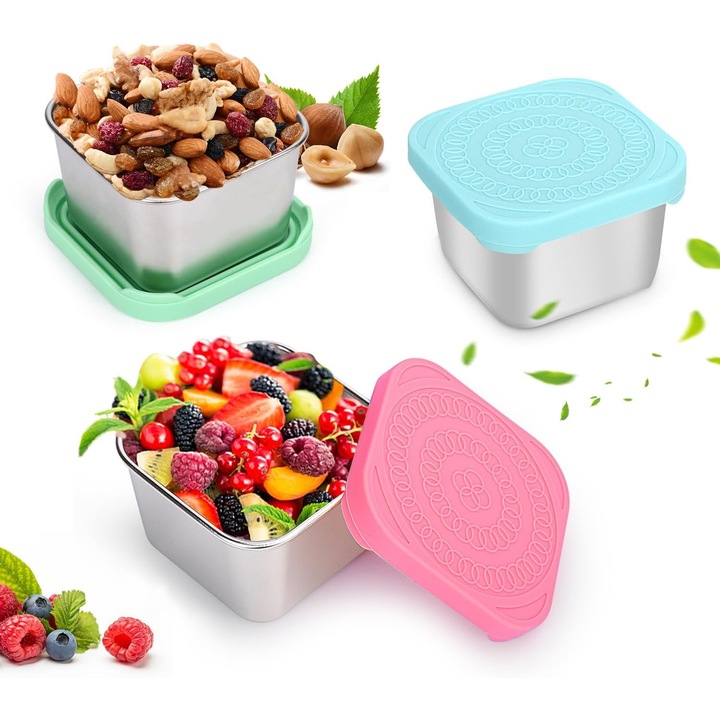 Set 3 recipiente pentru sosuri, dressing, 180ml, cu capac din silicon etans, inox, fara BPA