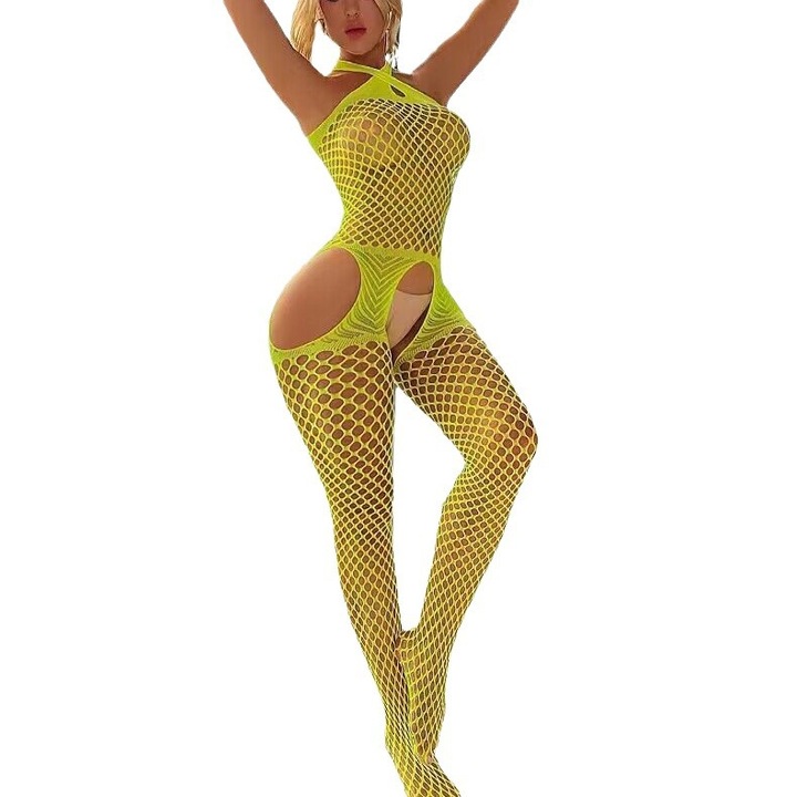 Body sexy din plasa, Decupaj in zona intima, CRT, Pro Play, Elastic, Marime universala, galben