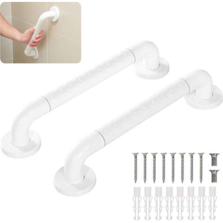 Set 2 Barci de Sprijin pentru Baie, Buyya®, Otel Inoxidabil, 2 Bucle Luminoase, Anti-Alunecare, Suporta 120kg+, Montaj Perete, Alb