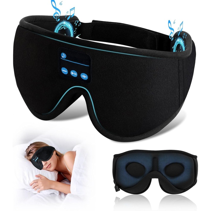 Маска за сън с Bluetooth слушалки NextWave®️, 3D контурен дизайн, HD стерео звук и микрофон, Bluetooth 5.2, 12 часа автономност, 1 час бързо зареждане, материал от мемори пяна и дишащ плюш, регулируема еластична лента, черен
