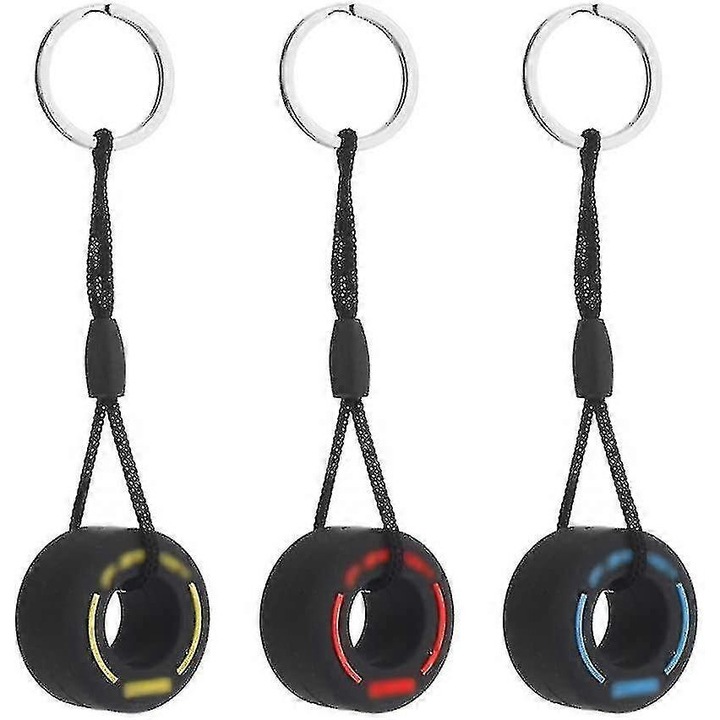 Set 3 brelocuri creative din cauciuc in forma de anvelope, rosu, galben, albastru